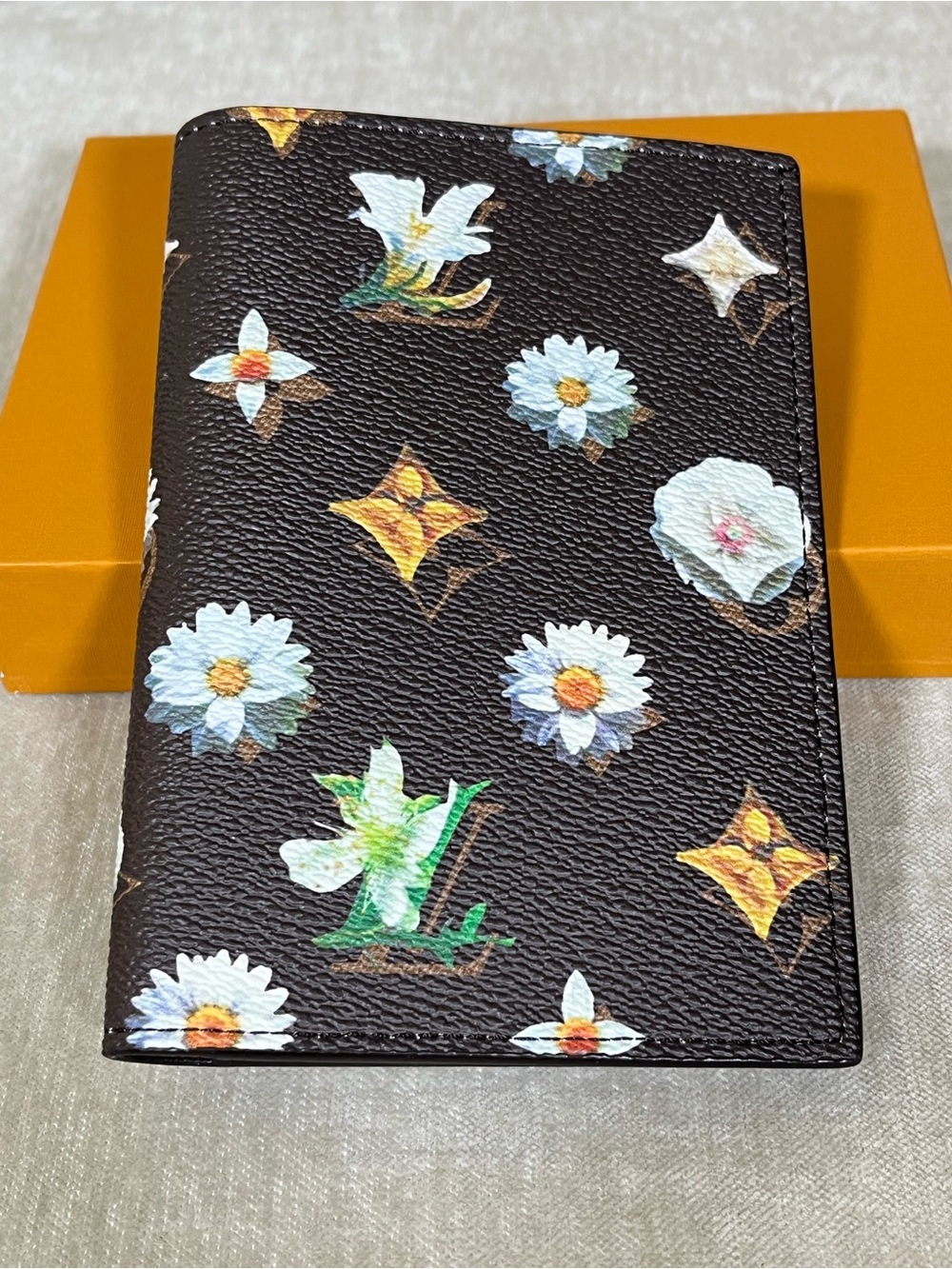 Designer-Inspired Floral Monogram Passport Wallet - Brown with White Flowers